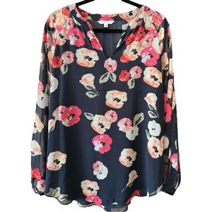 CABI Floral Blouse Women's Size Large Long Sleeve Black Red Orange